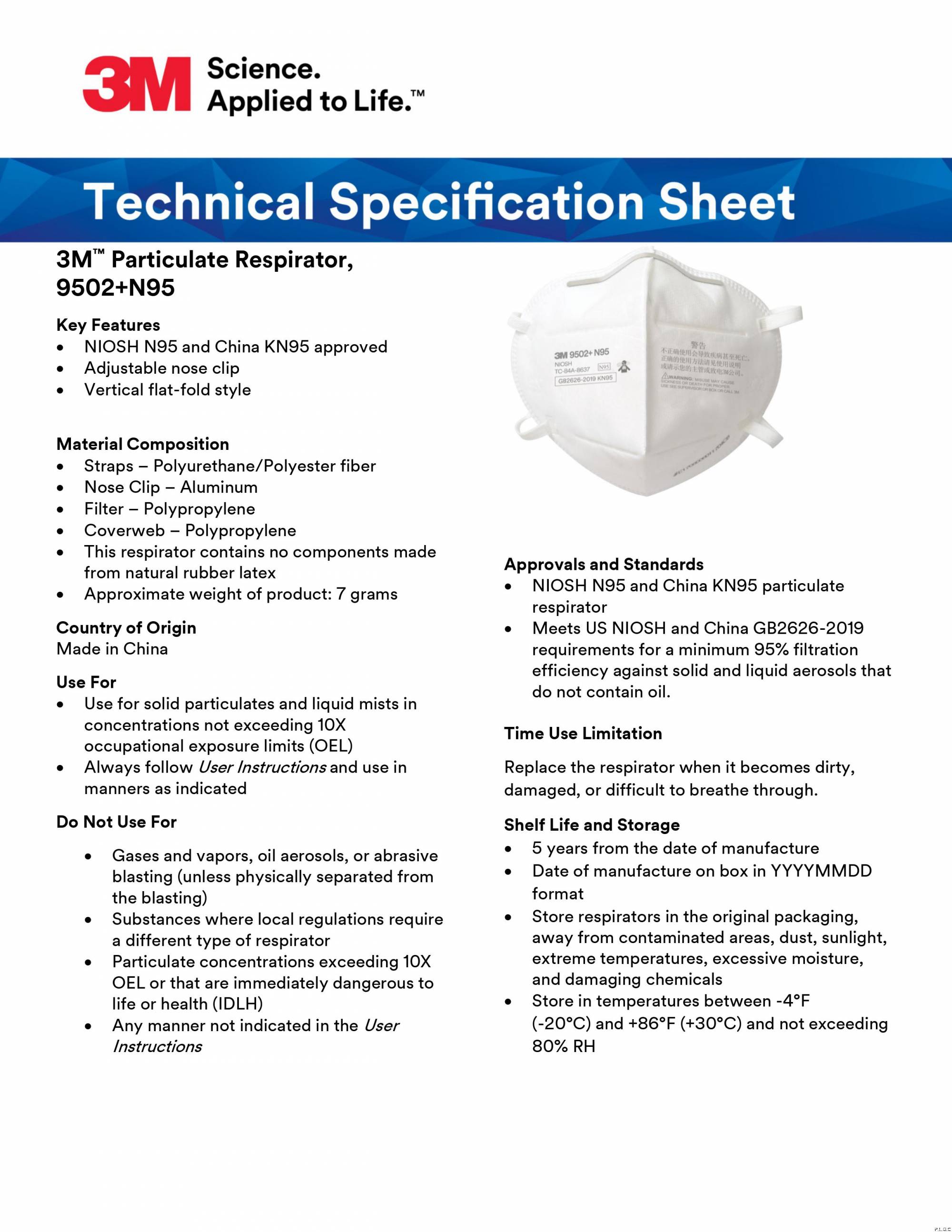 3M N95 9502+ Particulate Respirator / Disposable Face Mask with Flat